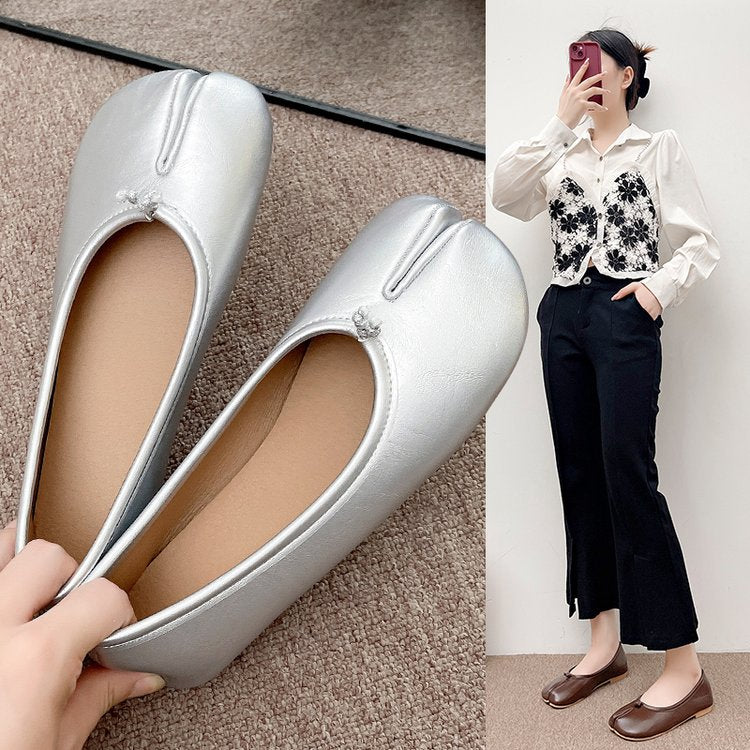 Japanese Style Tabi Ninja Shoes Women Cozy Leather Flats Split Hoof Toe Loafers Femme Mary Jeans Mocasines Ladies Ballerina Shoe - reetell