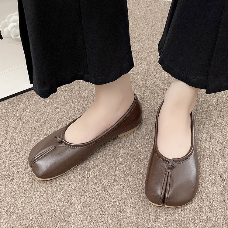 Japanese Style Tabi Ninja Shoes Women Cozy Leather Flats Split Hoof Toe Loafers Femme Mary Jeans Mocasines Ladies Ballerina Shoe - reetell