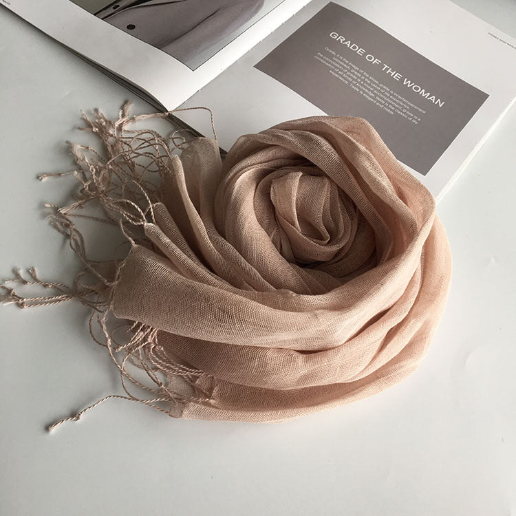 55*180cm Fashion Soft Solid Women 100% Linen Flax Tassel Scarf Summer Travel Sunscreen Long Shawl Elegant Hijab Women Foulard - reetell