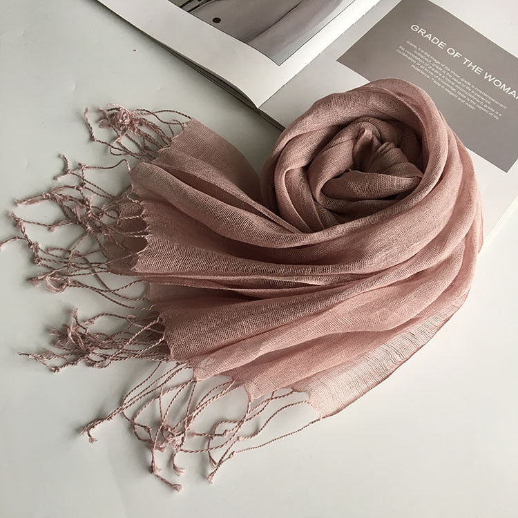 55*180cm Fashion Soft Solid Women 100% Linen Flax Tassel Scarf Summer Travel Sunscreen Long Shawl Elegant Hijab Women Foulard - reetell