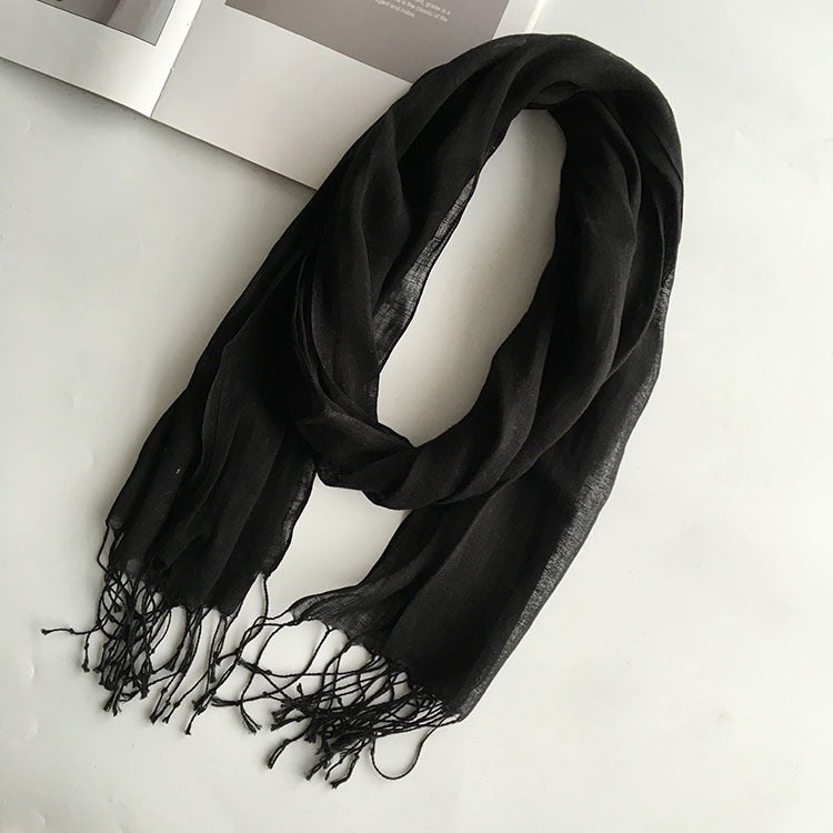 55*180cm Fashion Soft Solid Women 100% Linen Flax Tassel Scarf Summer Travel Sunscreen Long Shawl Elegant Hijab Women Foulard - reetell