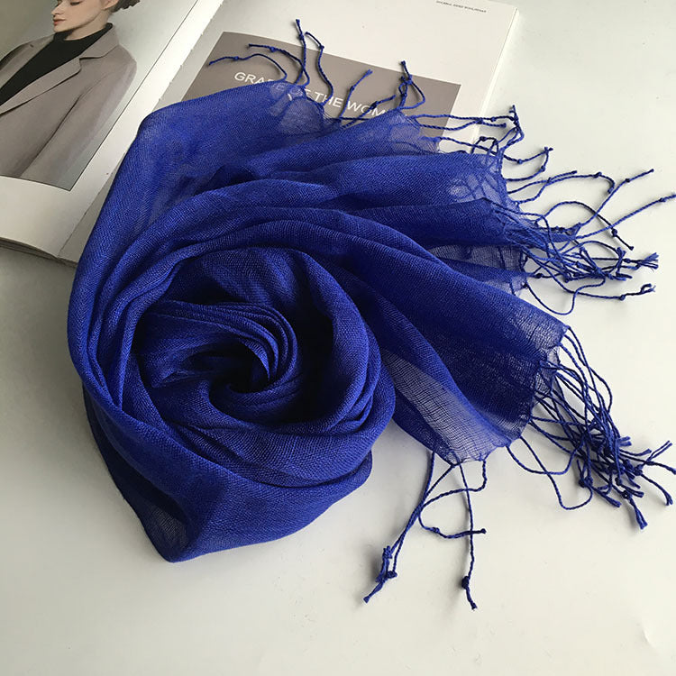 55*180cm Fashion Soft Solid Women 100% Linen Flax Tassel Scarf Summer Travel Sunscreen Long Shawl Elegant Hijab Women Foulard - reetell