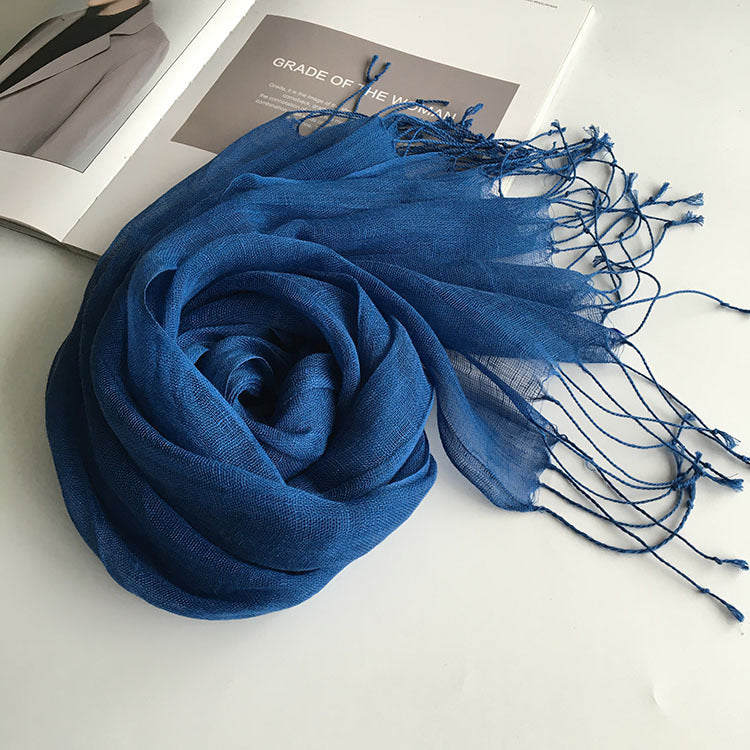 55*180cm Fashion Soft Solid Women 100% Linen Flax Tassel Scarf Summer Travel Sunscreen Long Shawl Elegant Hijab Women Foulard - reetell