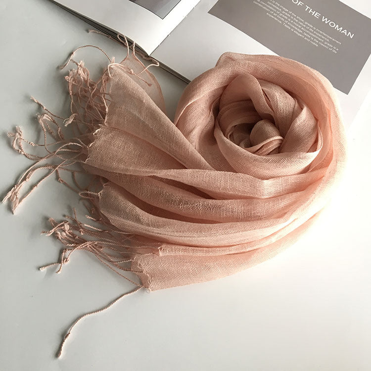 55*180cm Fashion Soft Solid Women 100% Linen Flax Tassel Scarf Summer Travel Sunscreen Long Shawl Elegant Hijab Women Foulard - reetell