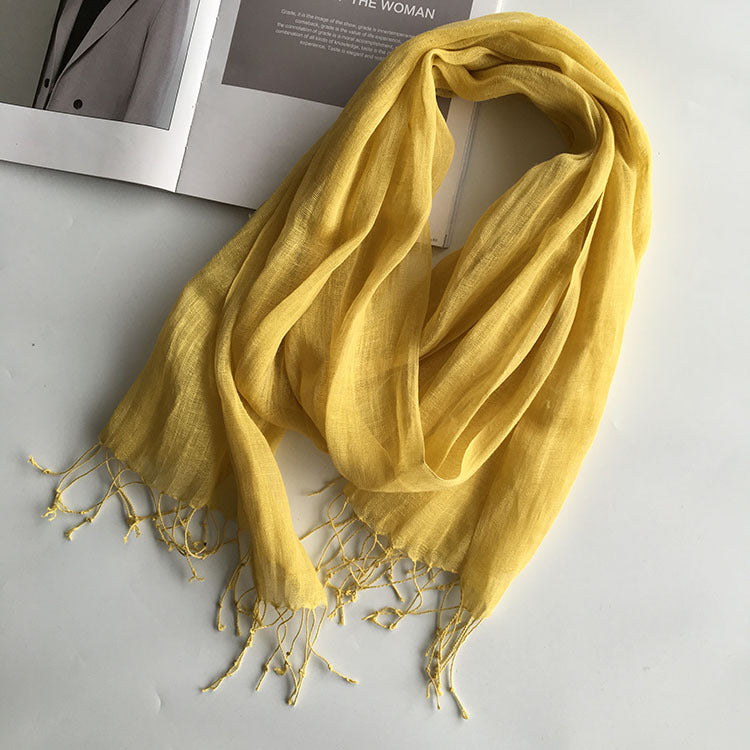 55*180cm Fashion Soft Solid Women 100% Linen Flax Tassel Scarf Summer Travel Sunscreen Long Shawl Elegant Hijab Women Foulard - reetell