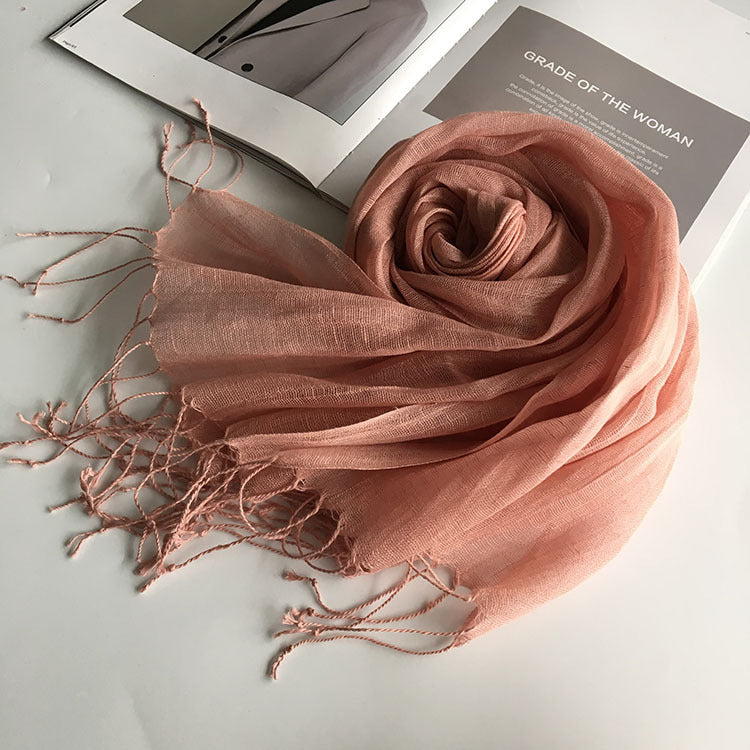 55*180cm Fashion Soft Solid Women 100% Linen Flax Tassel Scarf Summer Travel Sunscreen Long Shawl Elegant Hijab Women Foulard - reetell