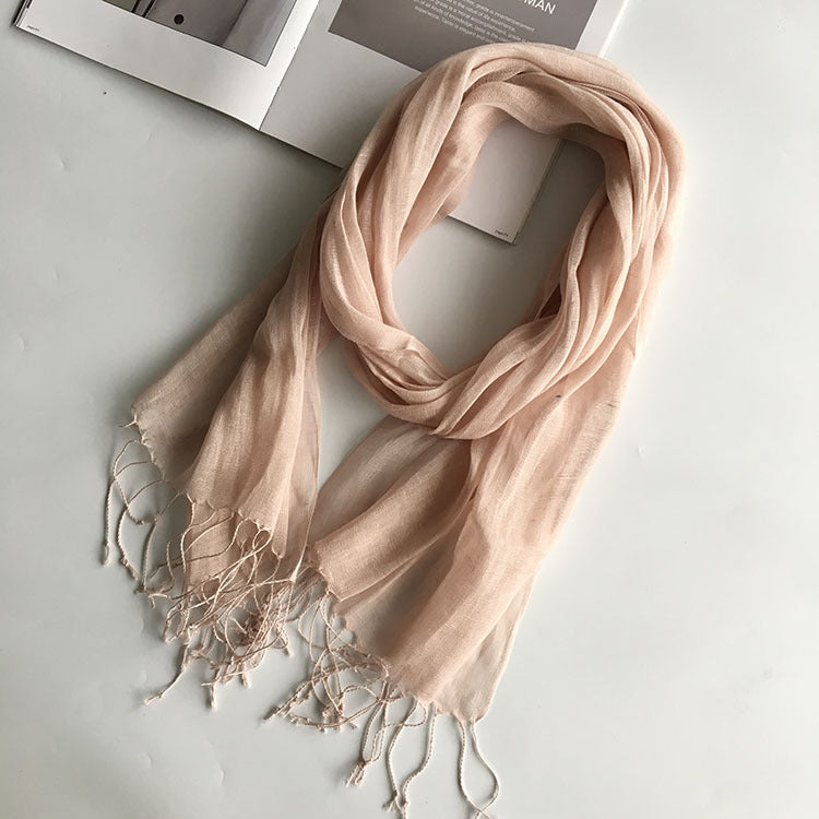 55*180cm Fashion Soft Solid Women 100% Linen Flax Tassel Scarf Summer Travel Sunscreen Long Shawl Elegant Hijab Women Foulard - reetell