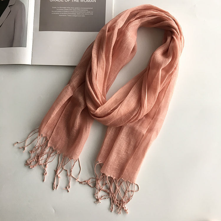 55*180cm Fashion Soft Solid Women 100% Linen Flax Tassel Scarf Summer Travel Sunscreen Long Shawl Elegant Hijab Women Foulard - reetell