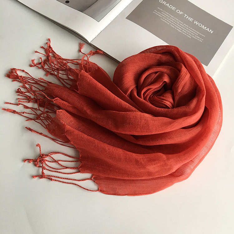 55*180cm Fashion Soft Solid Women 100% Linen Flax Tassel Scarf Summer Travel Sunscreen Long Shawl Elegant Hijab Women Foulard - reetell