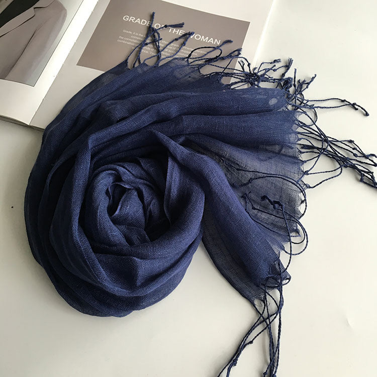 55*180cm Fashion Soft Solid Women 100% Linen Flax Tassel Scarf Summer Travel Sunscreen Long Shawl Elegant Hijab Women Foulard - reetell