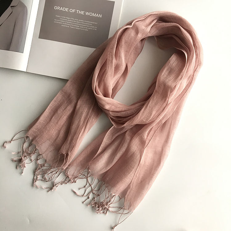 55*180cm Fashion Soft Solid Women 100% Linen Flax Tassel Scarf Summer Travel Sunscreen Long Shawl Elegant Hijab Women Foulard - reetell