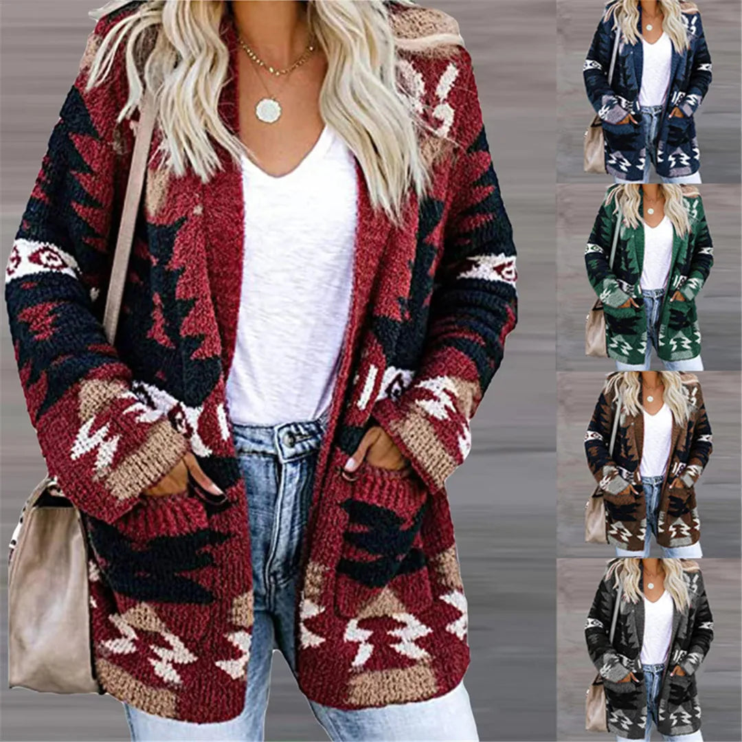 Women's Retro Boho Cardigan Long Sleeve Knitted Christmas Halloween Cardigan Loose Loose Sweater - reetell