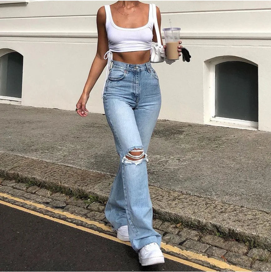 2023 New High Waist Ripped Boot Cut Jeans For Women Fashion Stretch Knee Ripped Denim Flared Pants Casual Female Trousers S-2XL - reetell