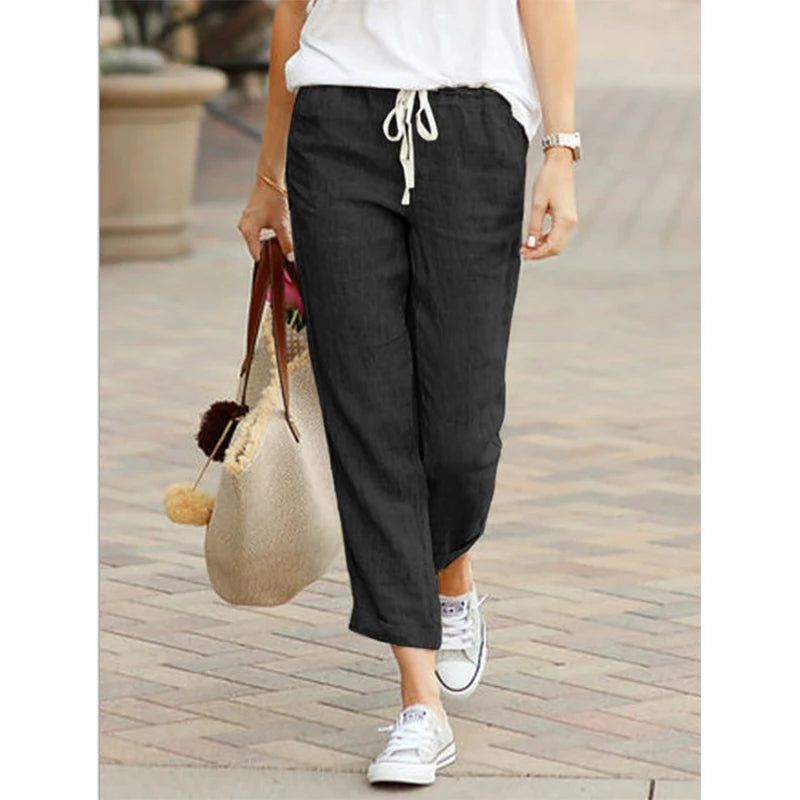 Autumn Cotton Women's Pants Y2K Black Drawstring Elastic Waist Casual Pants Female Loose Fashion Elegant Ladies Bottom - reetell