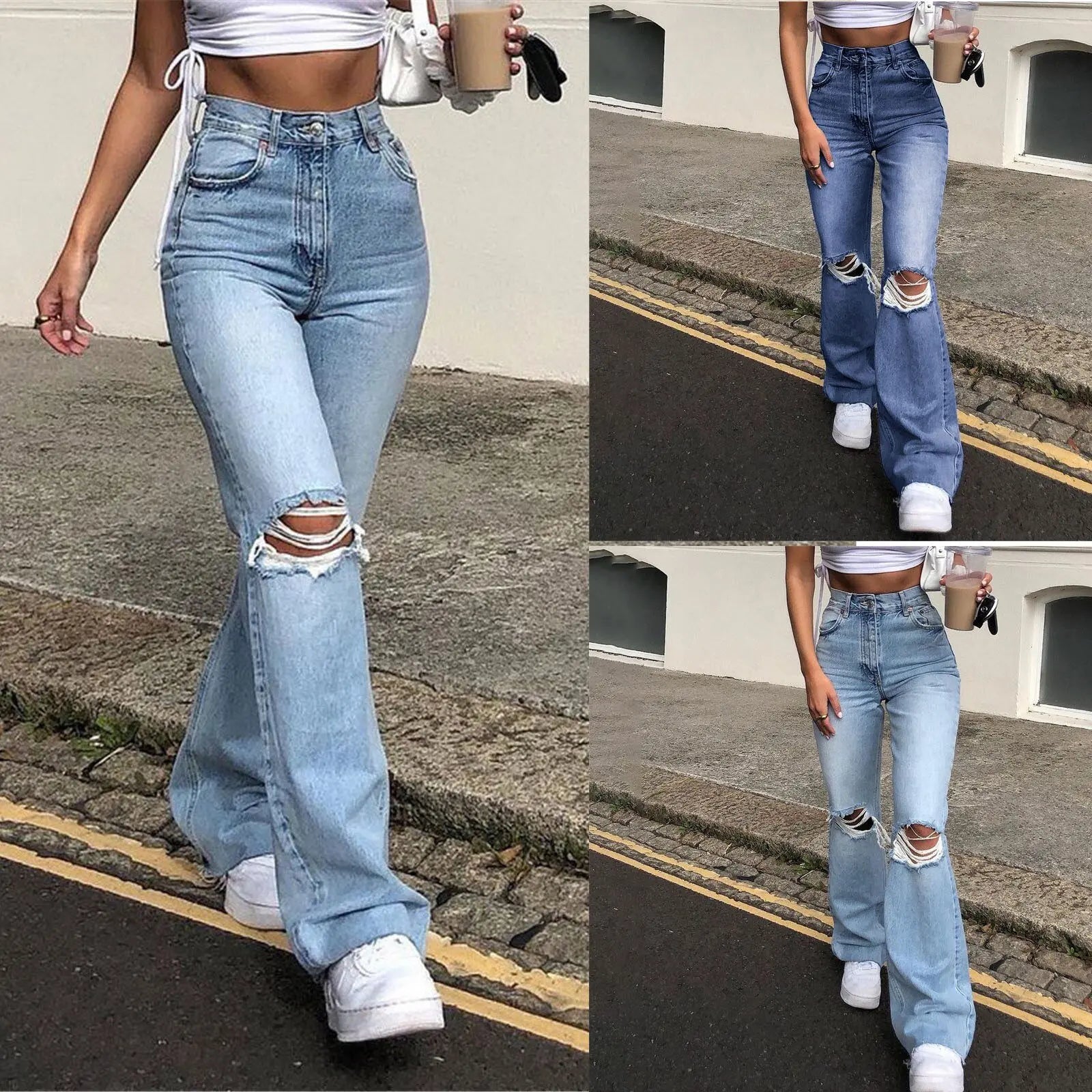 2023 New High Waist Ripped Boot Cut Jeans For Women Fashion Stretch Knee Ripped Denim Flared Pants Casual Female Trousers S-2XL - reetell