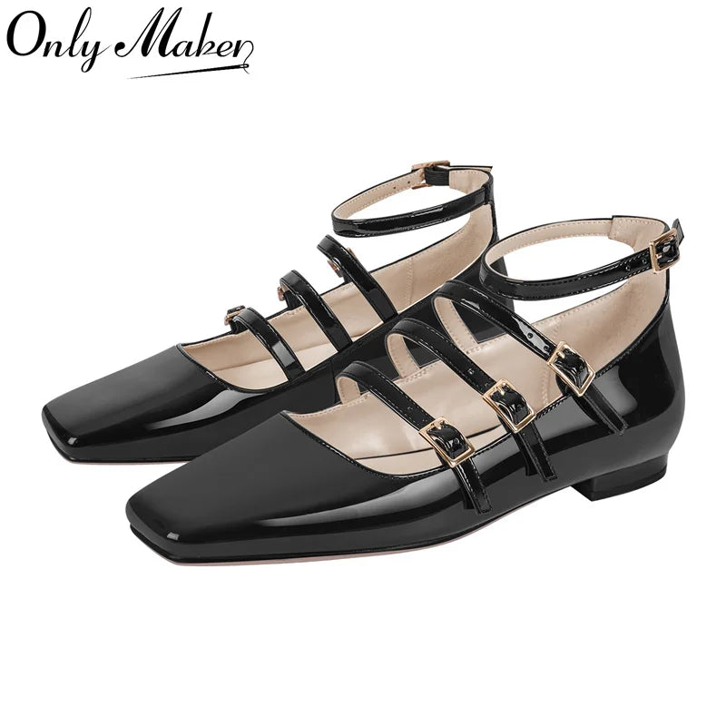 Onlymake Women Flats Square Toe Patent Leather Mary Jane  Strap Retro Elegant Big Size Daily Flats Pumps