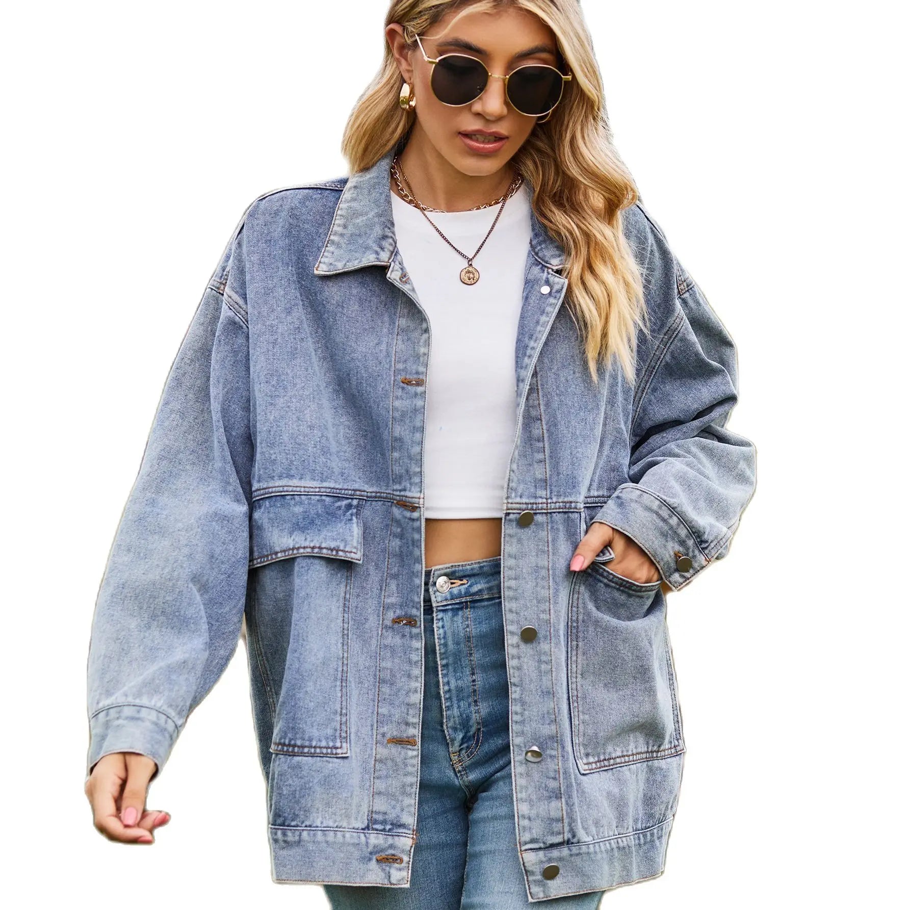 2023 Autumn New Women's Long Sleeve Denim Jacket Fashion Loose Versatile Mid-Length Jeans Coat Casual Clothing S-2XL