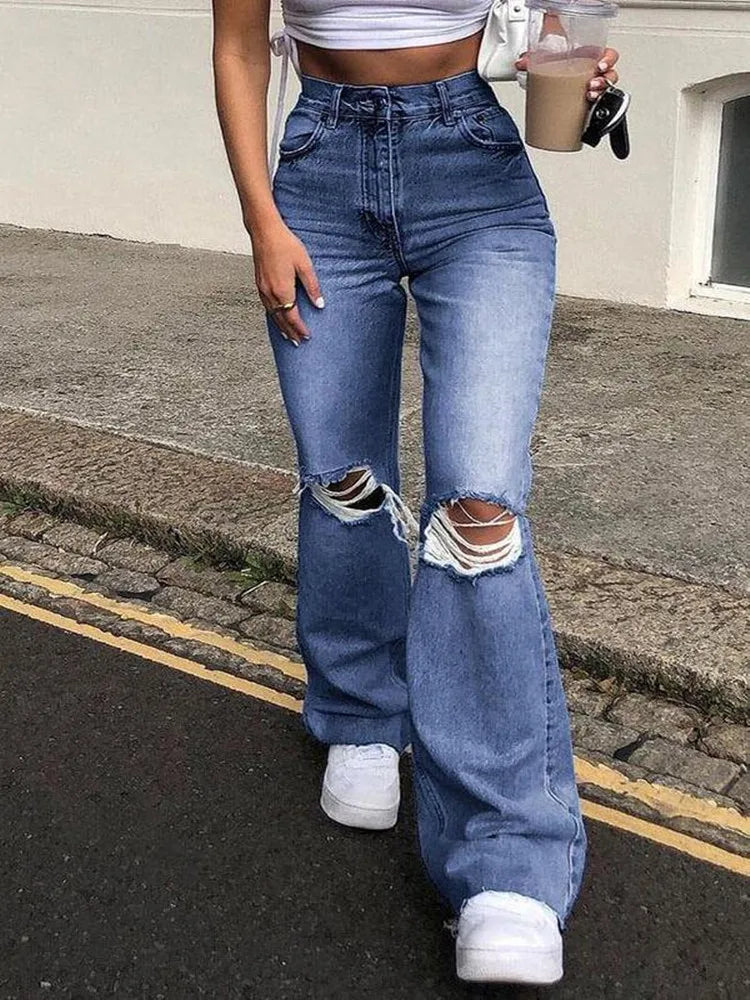 2023 New High Waist Ripped Boot Cut Jeans For Women Fashion Stretch Knee Ripped Denim Flared Pants Casual Female Trousers S-2XL - reetell