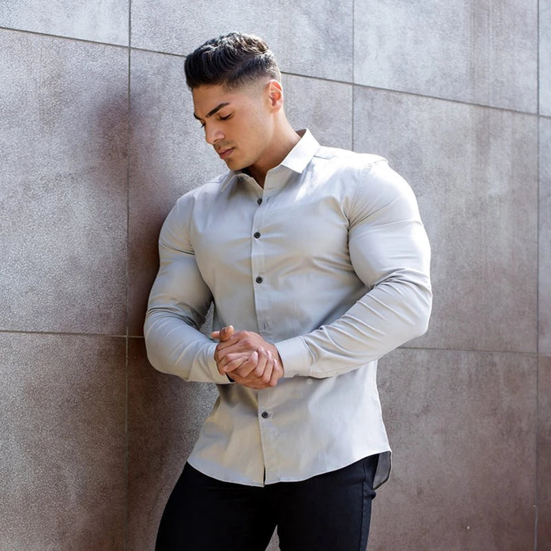 Men Fashion Casual long Sleeve Solid Shirt Super Slim Fit Male Social Business Dress Shirt Brand Men Fitness Sports Clothing - reetell