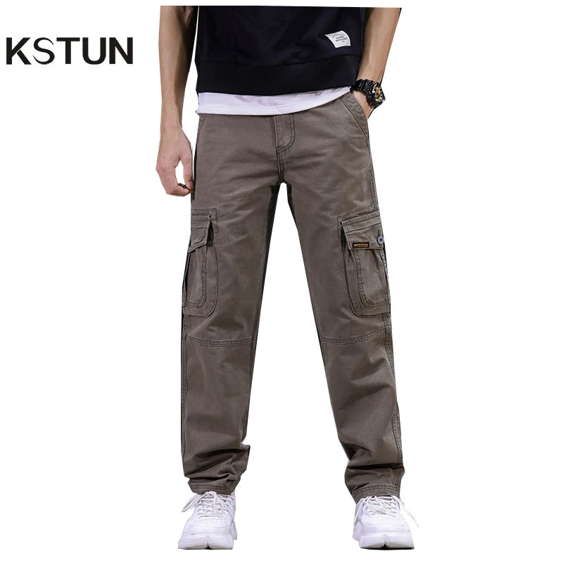 KSTUN 2024 Autumn Cargo Pants Multi-pockets Straight Cut 100% Cotton Overalls Outdoor Man Trousers Tactical Casual Pants