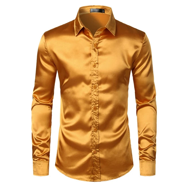 Royal Blue Silk Satin Shirt Men 2023 Luxury Brand New Slim Fit Mens Dress Shirts Wedding Party Casual Male Casual Shirt Chemise