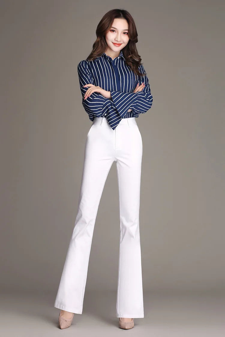 YUEY New Womens Spring Summer Trousers  Thin 100% Cotton Flared Pants Solid Color Casual Stretch S To 4XL Dropshiping - reetell