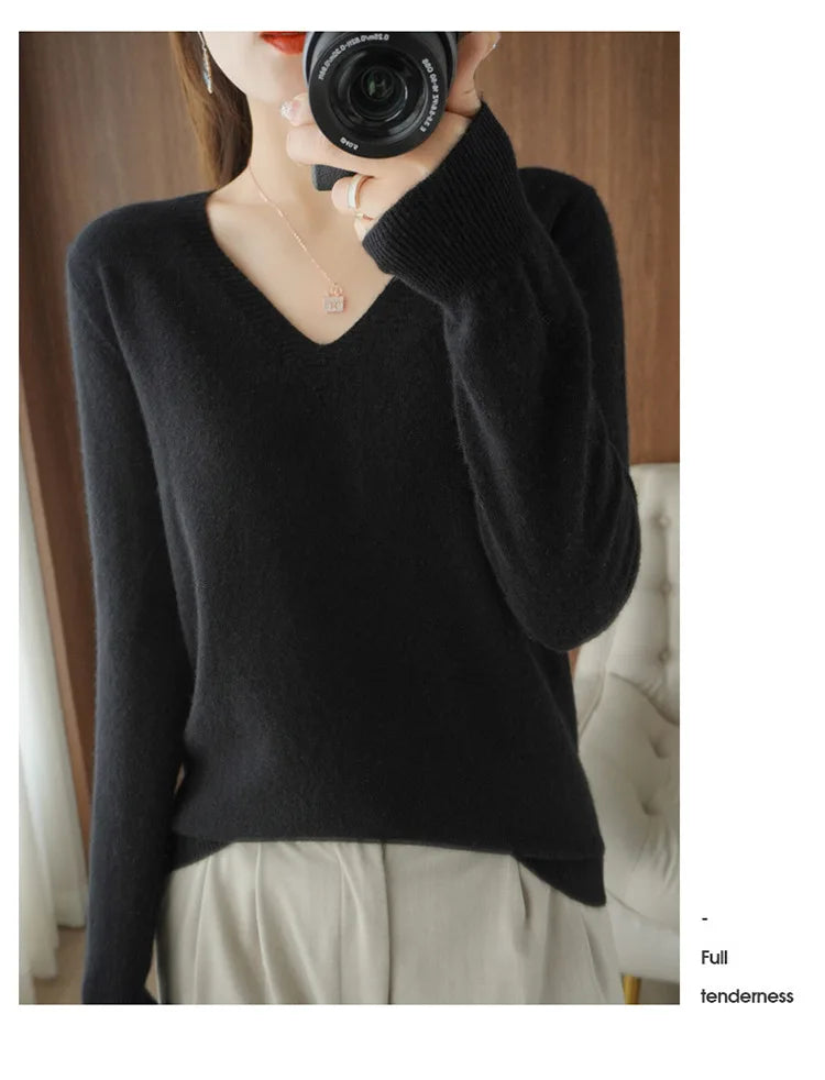 Women's Sweater 2024 Autumn Winter Knitted Pullovers V-neck Slim Fit Bottoming Shirt Solid Soft Knitwear Jumpers Basic Sweaters - reetell