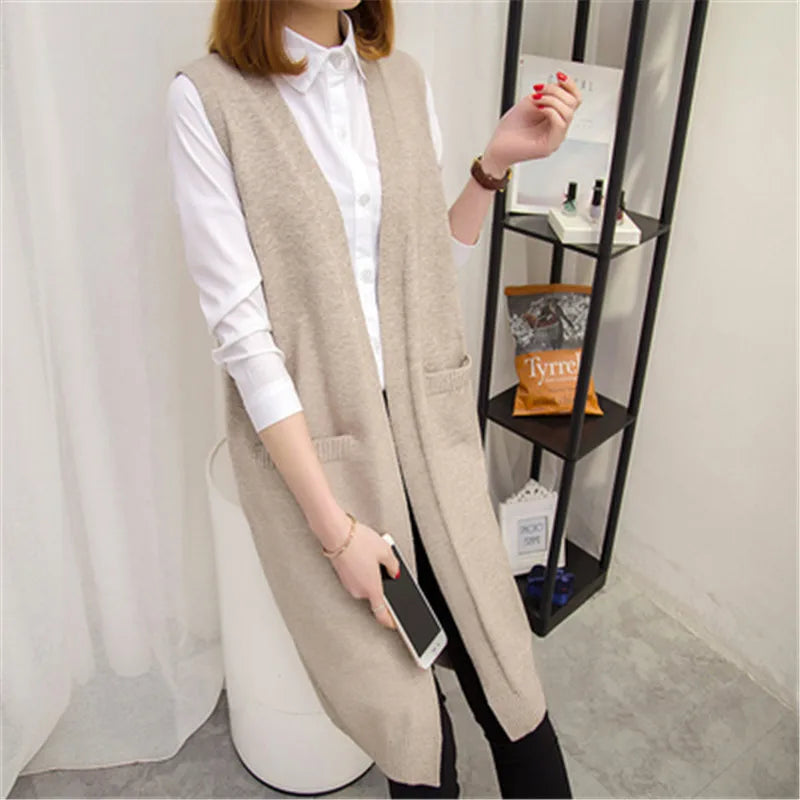 Long Sweater Vest Women Knitting Cardigan Waistcoat Coat lady 2020 New Autumn winter Korean Loose Gilet solid Sleeveless Jackets - reetell