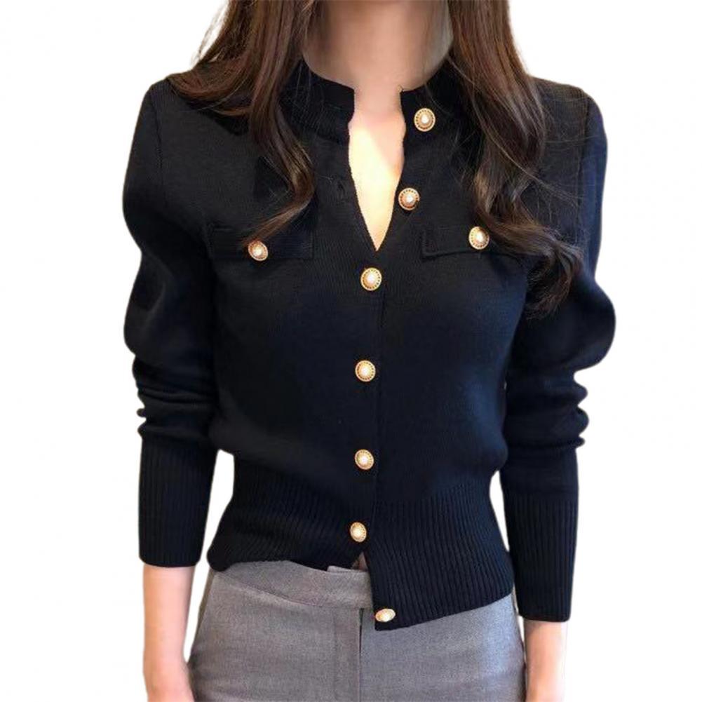 Women Cardigan Sweater Decorative Pockets Faux Pearl Buttons Knitted Coat Short Single Breasted Korean Slim Chic Ladies Tops - reetell