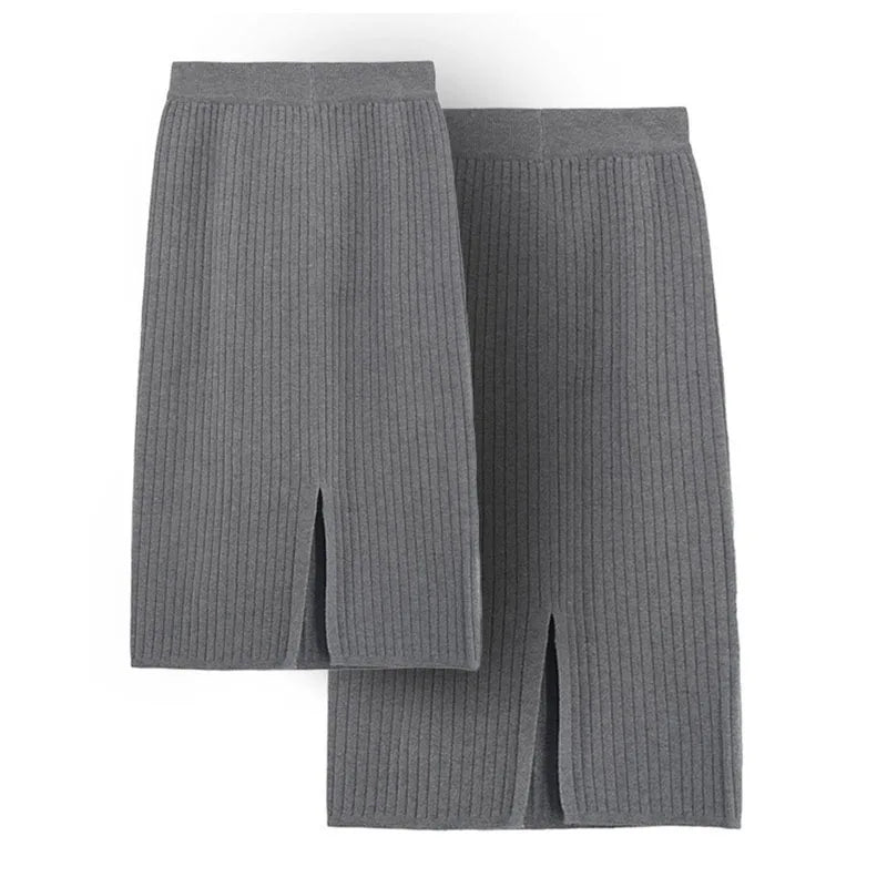 50-60-70 CM Fashion Autumn Winter Korean Knitted Women Skirts Elastic High Waist Split A-line Female Sexy Ribbed Skirts - reetell