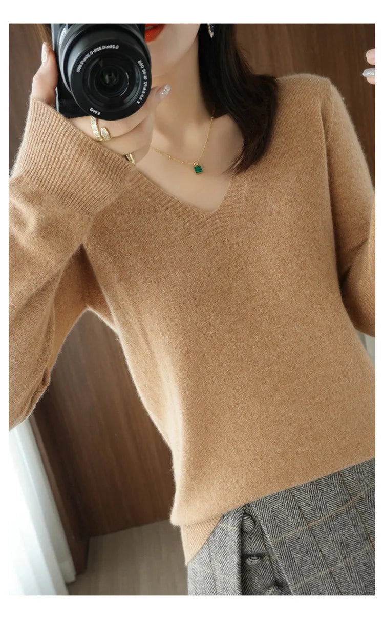 Women's Sweater 2024 Autumn Winter Knitted Pullovers V-neck Slim Fit Bottoming Shirt Solid Soft Knitwear Jumpers Basic Sweaters - reetell