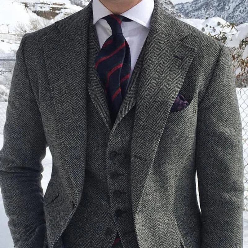 Gray Wool Tweed Winter Men Suit's For Wedding Formal Groom Tuxedo Herringbone Male Fashion 3 Piece Suit (Jacket + Vest + Pants) - reetell