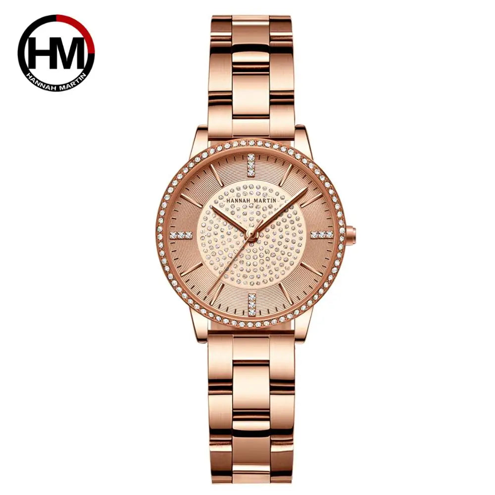 Hot Sale Full Solid Stainless Steel Strap Japan Movement Rose Gold Diamonds Women Rhinestones Wristwatches Female Quartz Watch