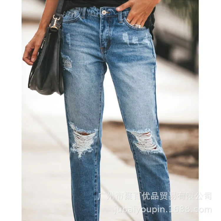 2022 Jeans woman Female ripped boyfriend hole korean fashion buttom womans pencil pants denim elastic trousers for ladies Donna - reetell