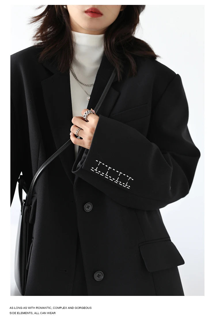 CHICVEN  Women Office Lady Blazer Cuff Embroidery Wide Shoulder Twill Suit Women's Autumn Ladies Outerwear  Stylish Tops - reetell