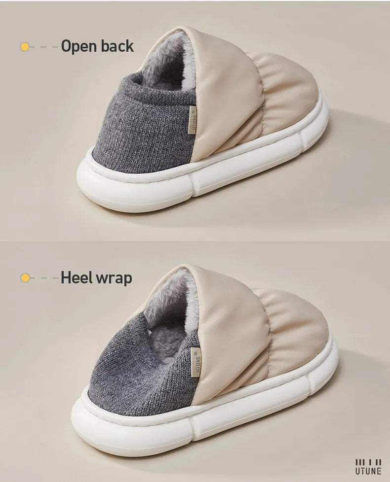 UTUNE Winter Women Slippers Anti-slip Indoor Warm Plush Waterproof Heel Shoes Comfortable Outdoor Casual Easy Walk Fashion - reetell