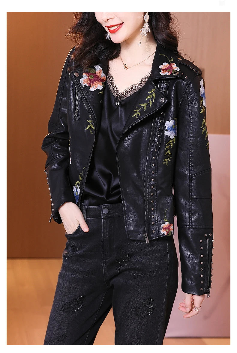 FTLZZ New Spring Autumn Women Biker Leather Jacket  Floral Print Embroidery Pu Leather Jacket Turn-down Collar Zipper Jacket