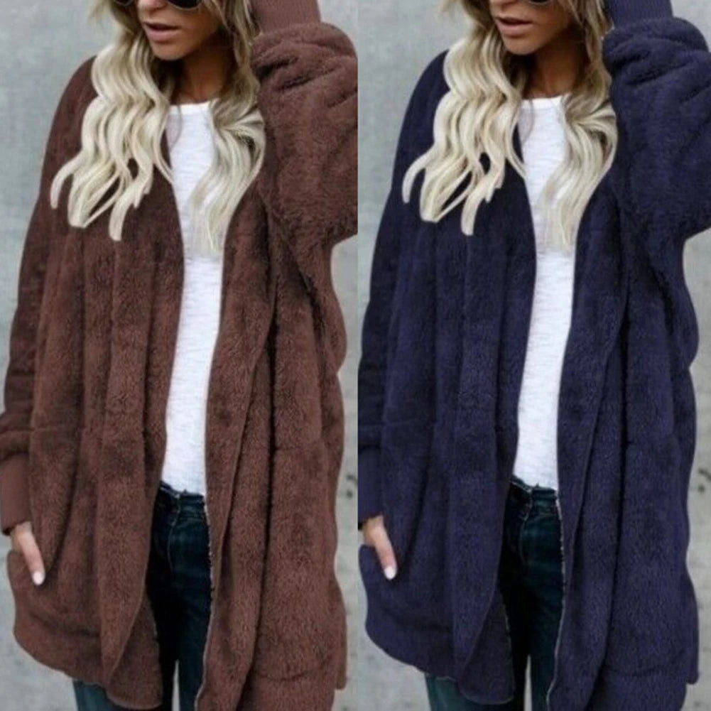 Loose Winter Women Solid Color Plush Faux Fur Warm Long Sleeve Hooded Female Jacket Midi Coat Cardigan 4 Colors - reetell