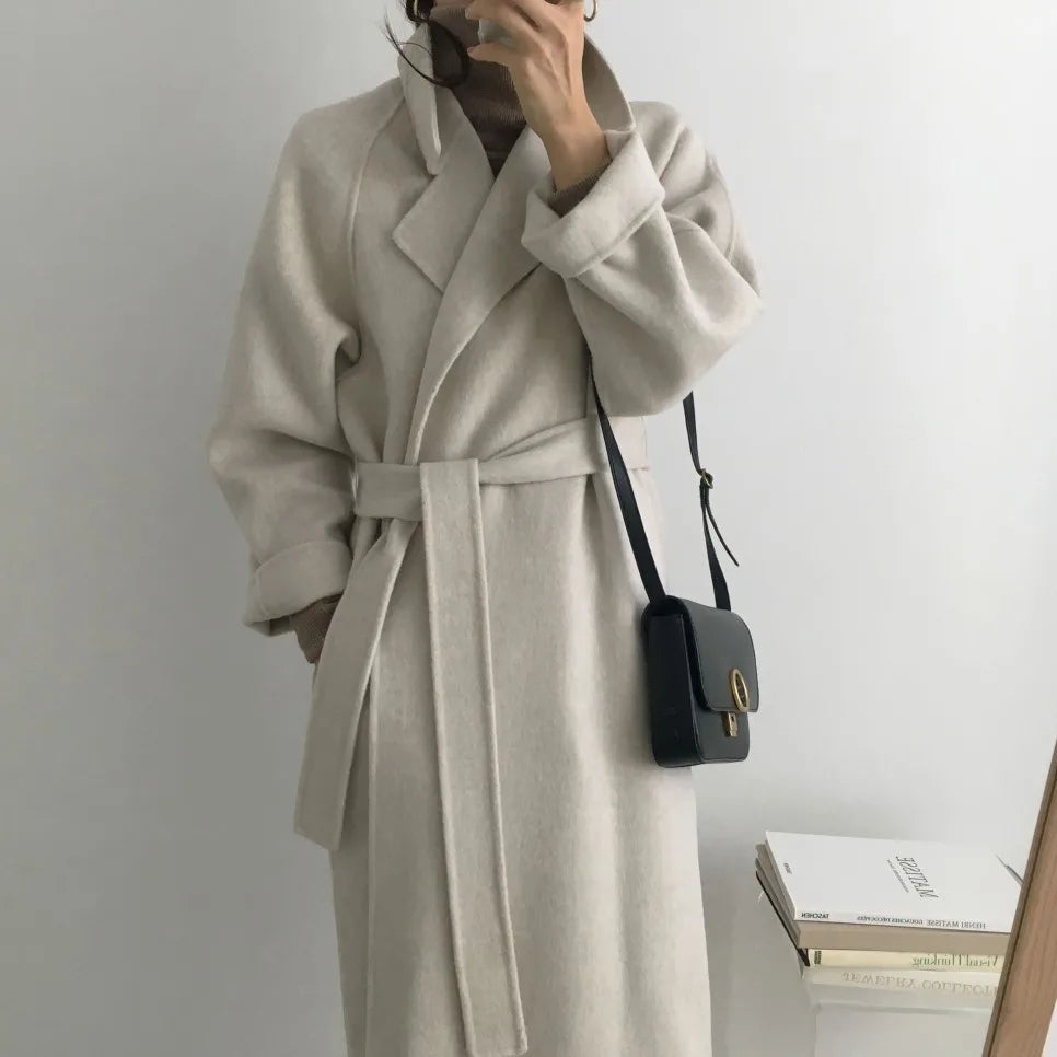 JXMYY French Lazy Style Warm Female Fresh Winter 2024 Classical Belt Retro Loose Women Woolen Coats Chic Casual Long Coat Long - reetell