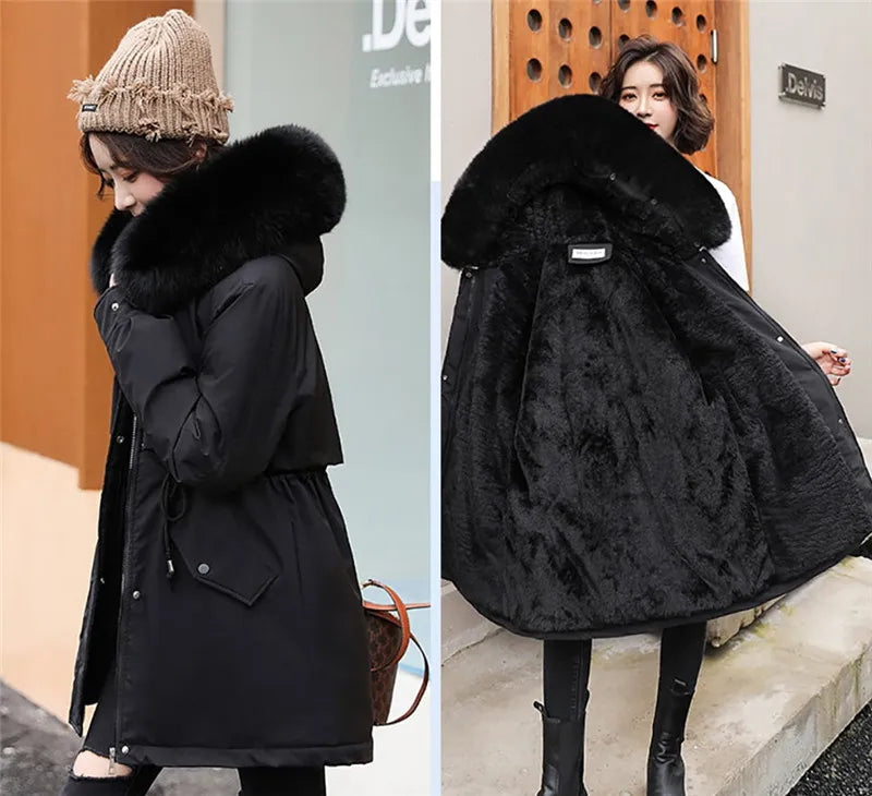 2023 New Winter Jacket Women Parka Fashion Long Coat Wool Liner Hooded Parkas Slim With Fur Collar Warm Snow Wear Padded Clothes - reetell