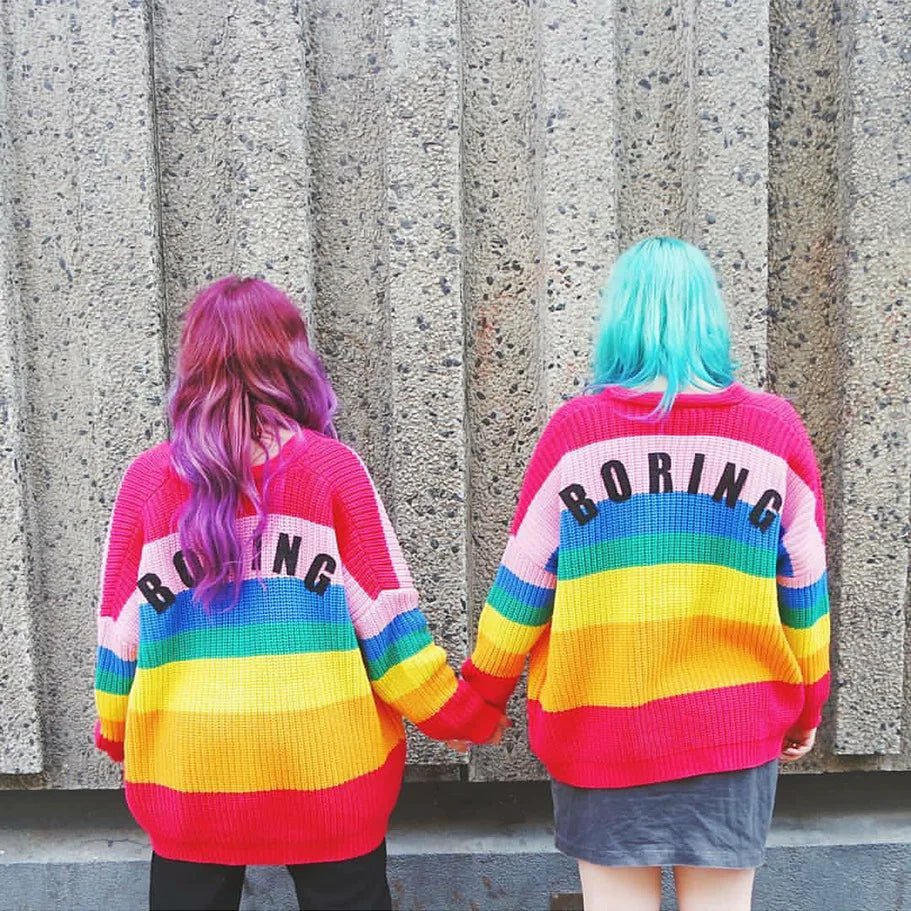 BORING Letters Rainbow Multicolor Striped Loose Kimono Cardigan Women Fall Winter Knitted Cardigan Sweet Long Sweater C111 - reetell