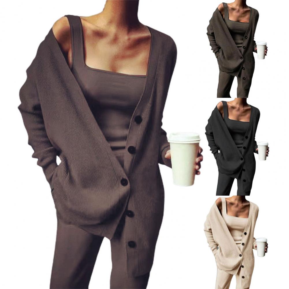 2021 Women Three Pices Set Autumn Winter Knitted Solid Cardigan Tops Tank Top And Casual Loose Long Pants Female Suit Tracksuit - reetell