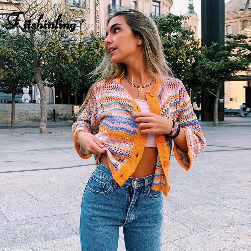 Fitshinling Bohemian Cardigan Sweater Women Buttons Up Hollow Out Sexy Slim Jacket Female Autumn Striped Colorful Outerwear New - reetell