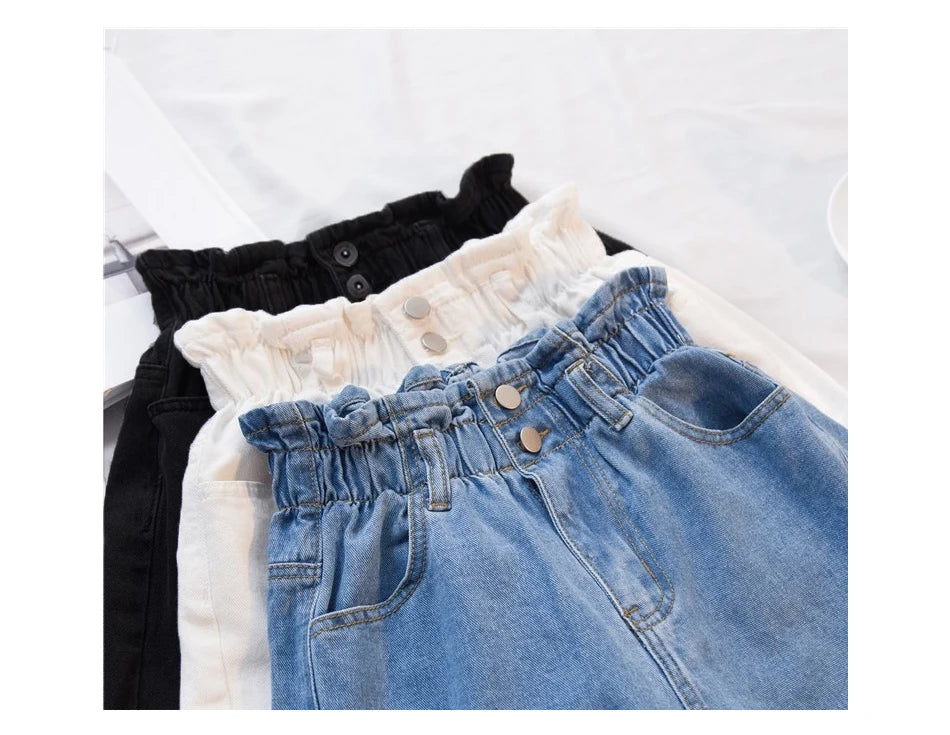 Jielur Summer Black Women Denim Shorts Women S-5XL Harem Ruffled White Blue High Waisted Shorts Female Elastic Short Jeans - reetell