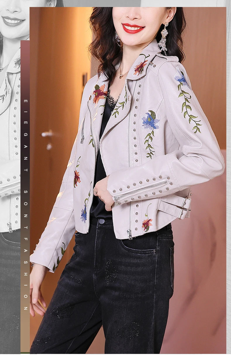 FTLZZ New Spring Autumn Women Biker Leather Jacket  Floral Print Embroidery Pu Leather Jacket Turn-down Collar Zipper Jacket