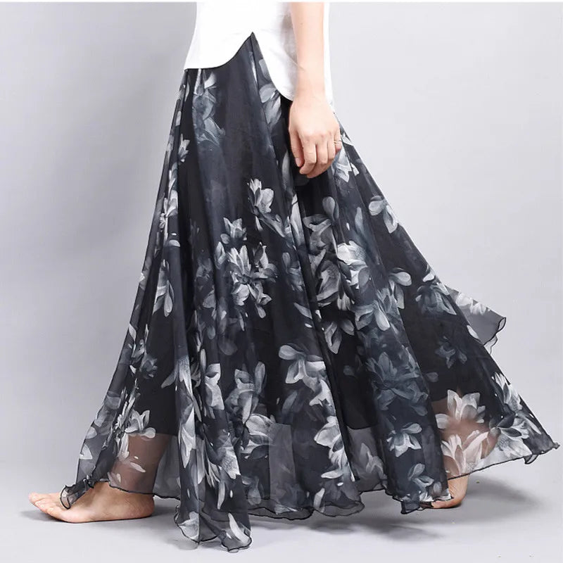 Vintage Bohemian Long Skirts Women Elegant Chiffon Saia Harajuku Beach High Waist Long Skirt Woman Clothes Faldas Tutu Vestidos - reetell