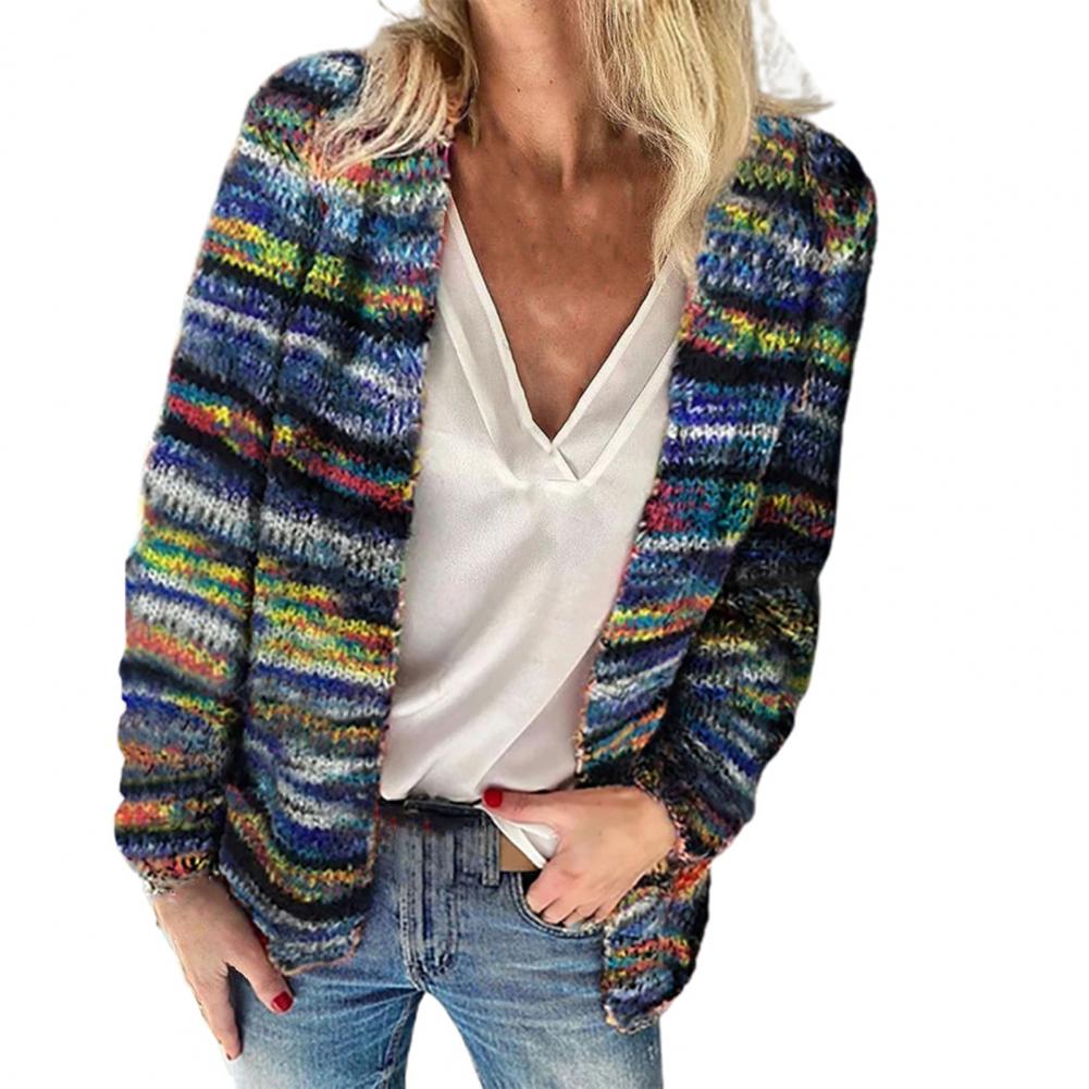 2021 New Women Sweater Rainbow Stripes Temperament Autumn Winter Long Sleeve Knitted Cardigan Coat for Office - reetell