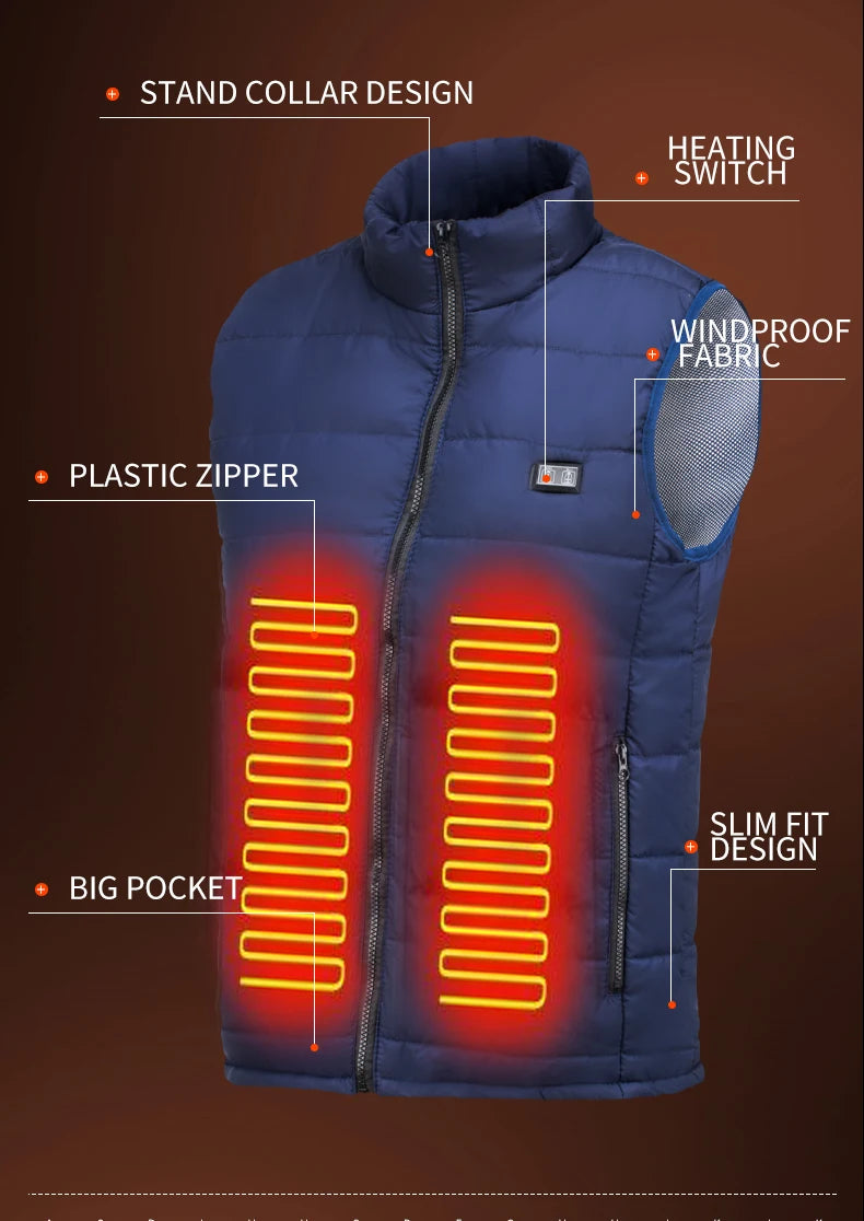 9 Areas Heated Vest Jacket USB Men Winter Electrically Heated Thermal Waistcoat for Hunting Hiking Warm Hunting Jacket - reetell