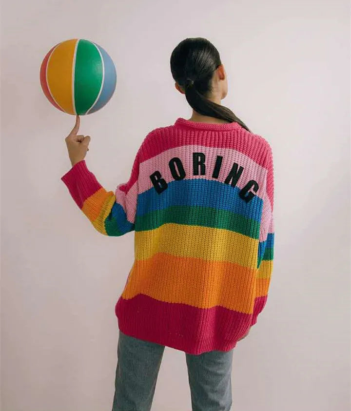 BORING Letters Rainbow Multicolor Striped Loose Kimono Cardigan Women Fall Winter Knitted Cardigan Sweet Long Sweater C111 - reetell