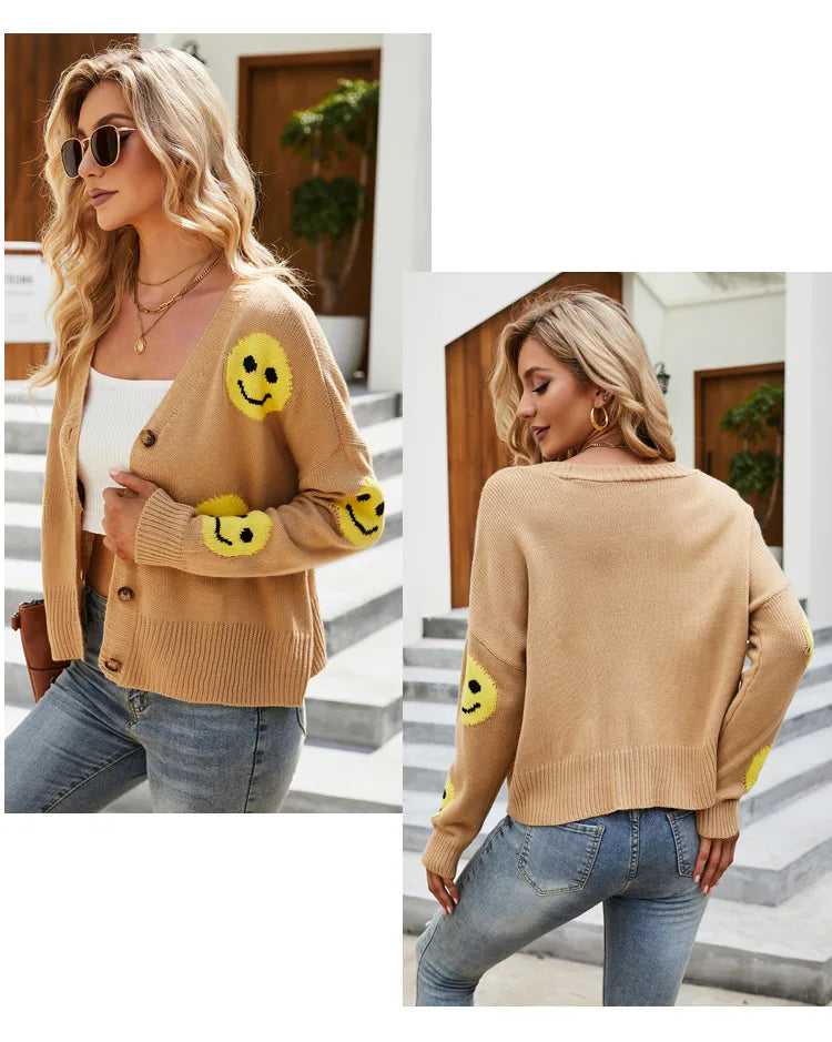 Women's Smiling Face Cardigan Autumn Winter New Female's Long Sleeve V Neck Single Breasted Knitted Shirt Casual Loose Knitwear - reetell